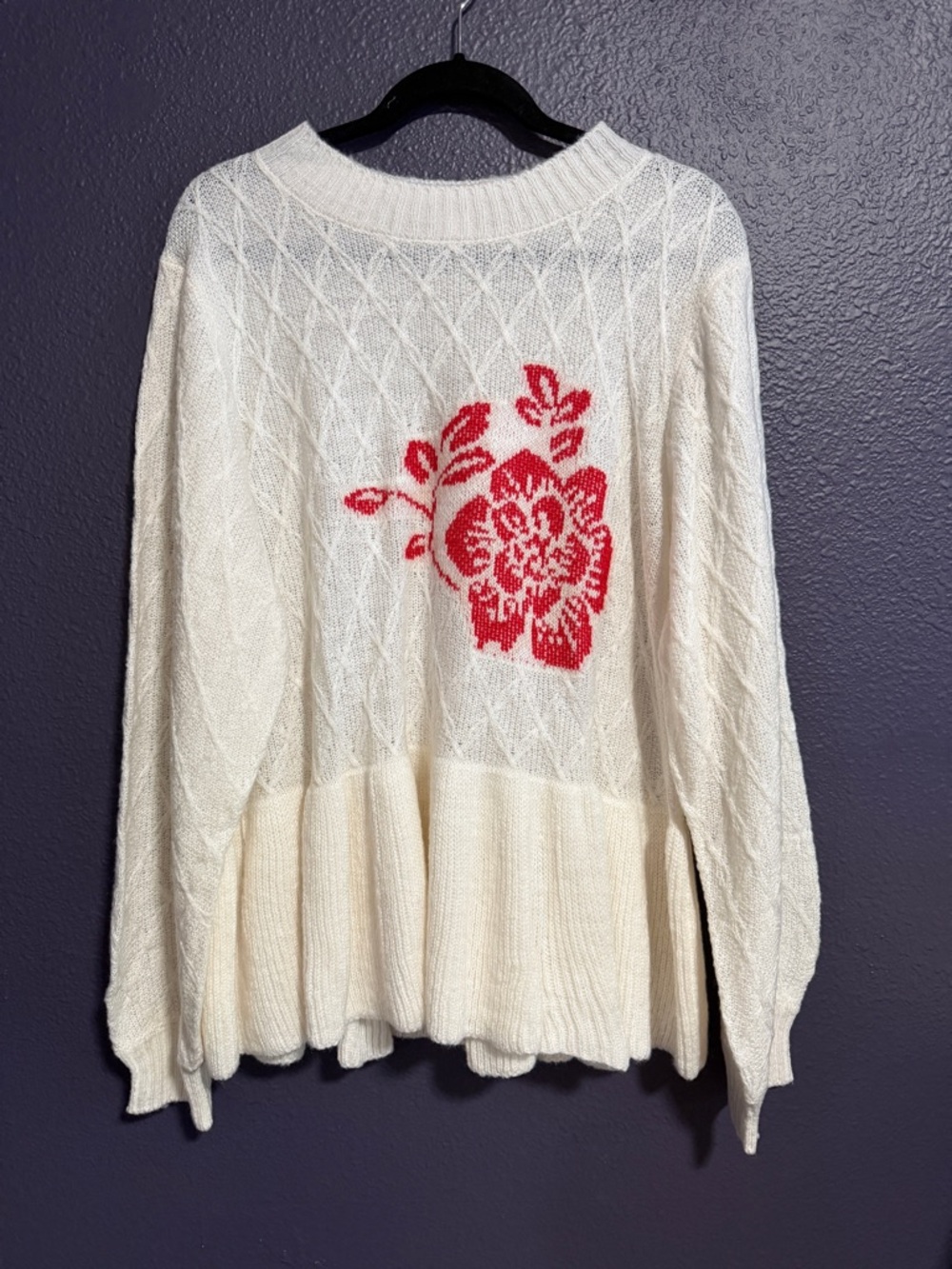 VENUS Cream Peplum Sweater with Red Floral Accent NWOT